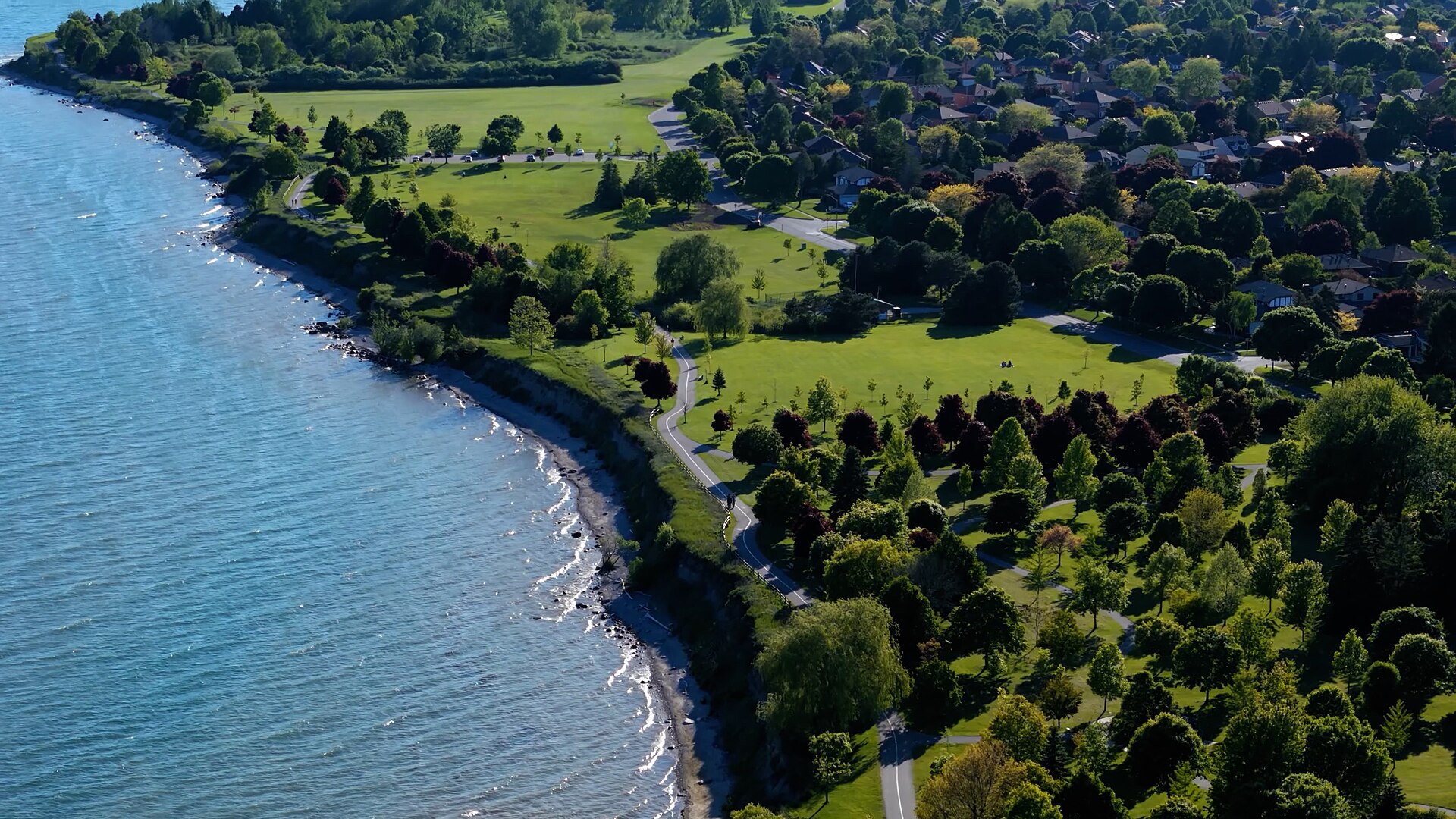 Aerial view of the Ajax waterfront and Lake Ontario shoreline in Durham Region, home to our marketing agency serving Oshawa, Pickering, Whitby, and surrounding communities