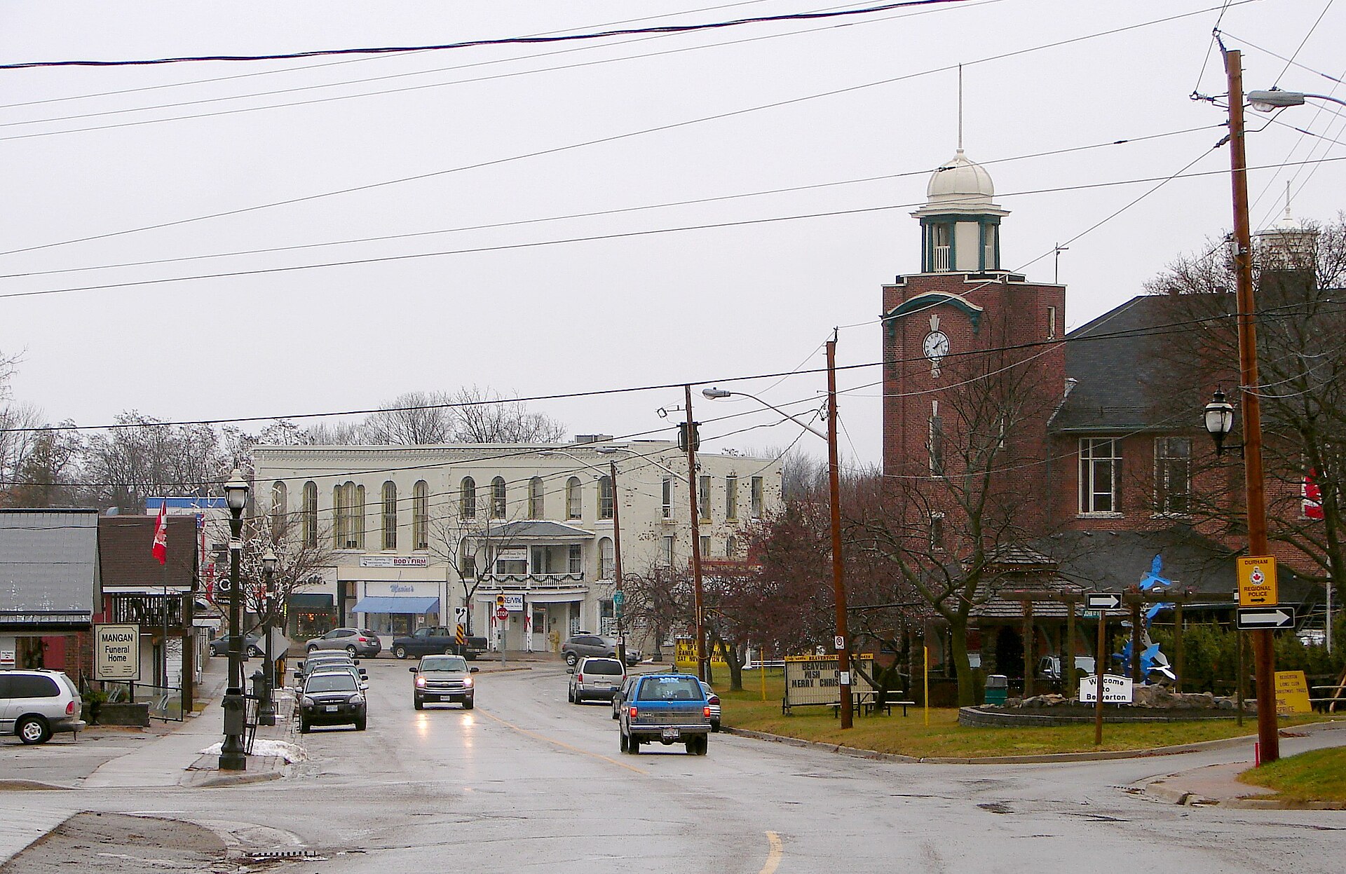 Beaverton main street and clock tower in Brock Township, ON, where local marketing and local SEO support businesses in Beaverton, Cannington, and Sunderland