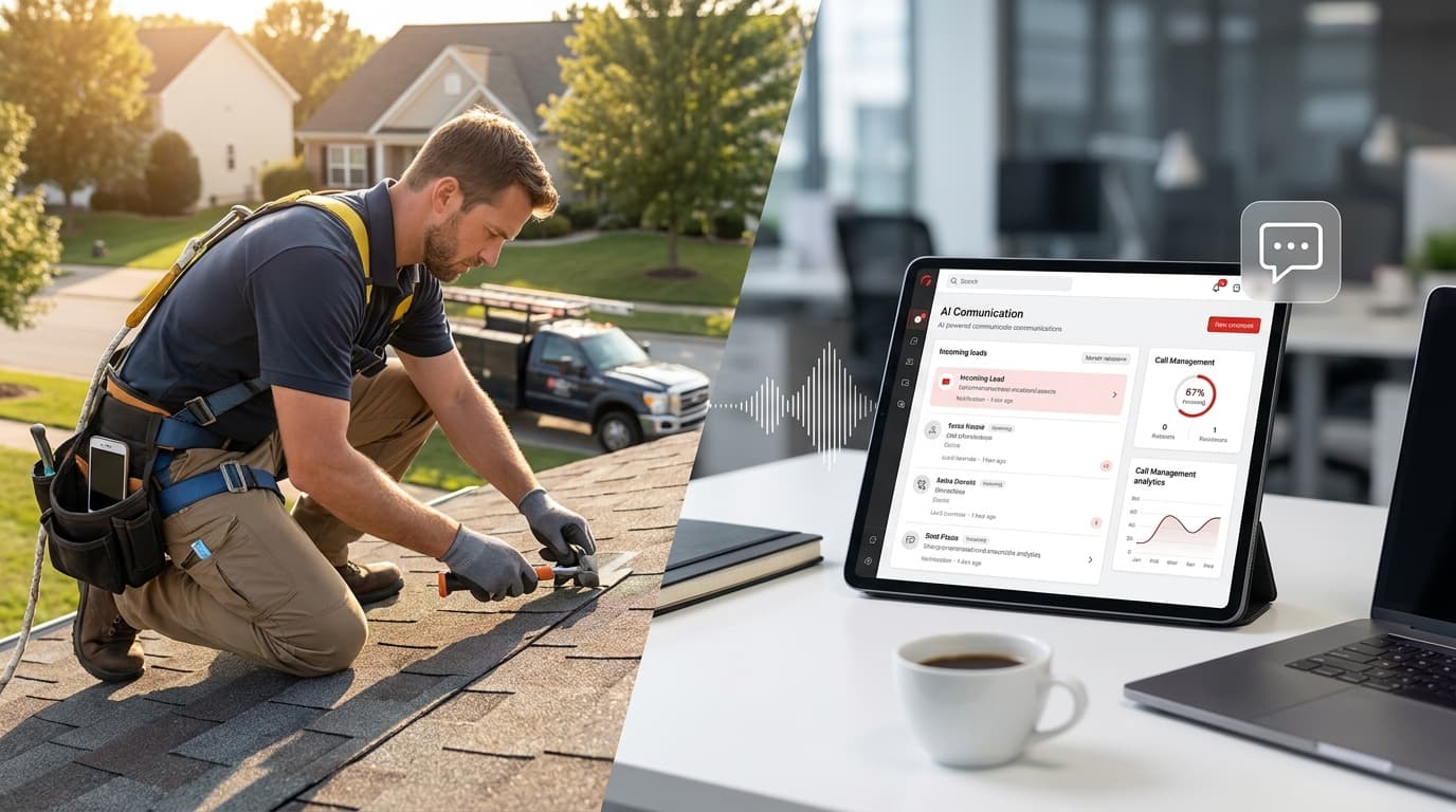A split-screen image showing an AI chatbot icon on one side and a friendly human receptionist with a headset on the other, with a roofing company logo in the background.