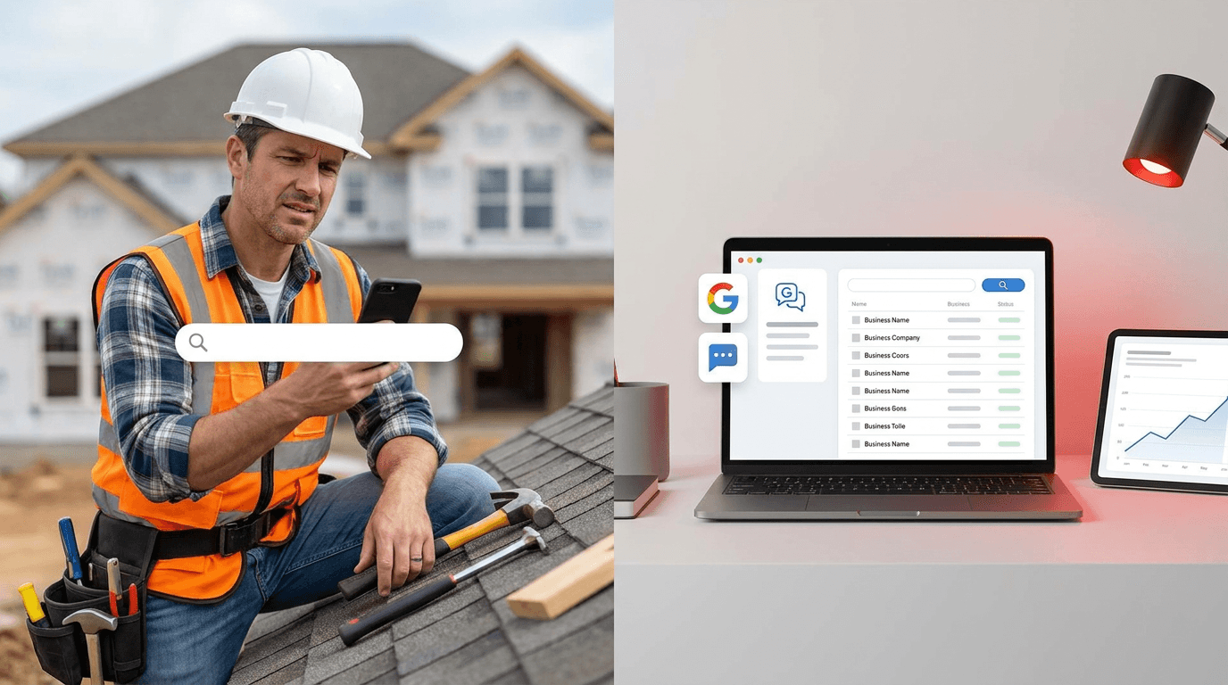 A home service contractor reviewing search results on a laptop, with AI assistant icons representing ChatGPT, Google, and Perplexity.