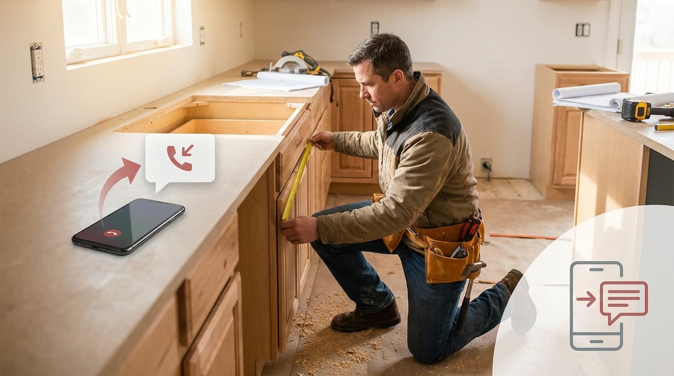 A remodeling contractor on a job site smiling at their smartphone, which displays an automated text-back message sent to a new potential client.