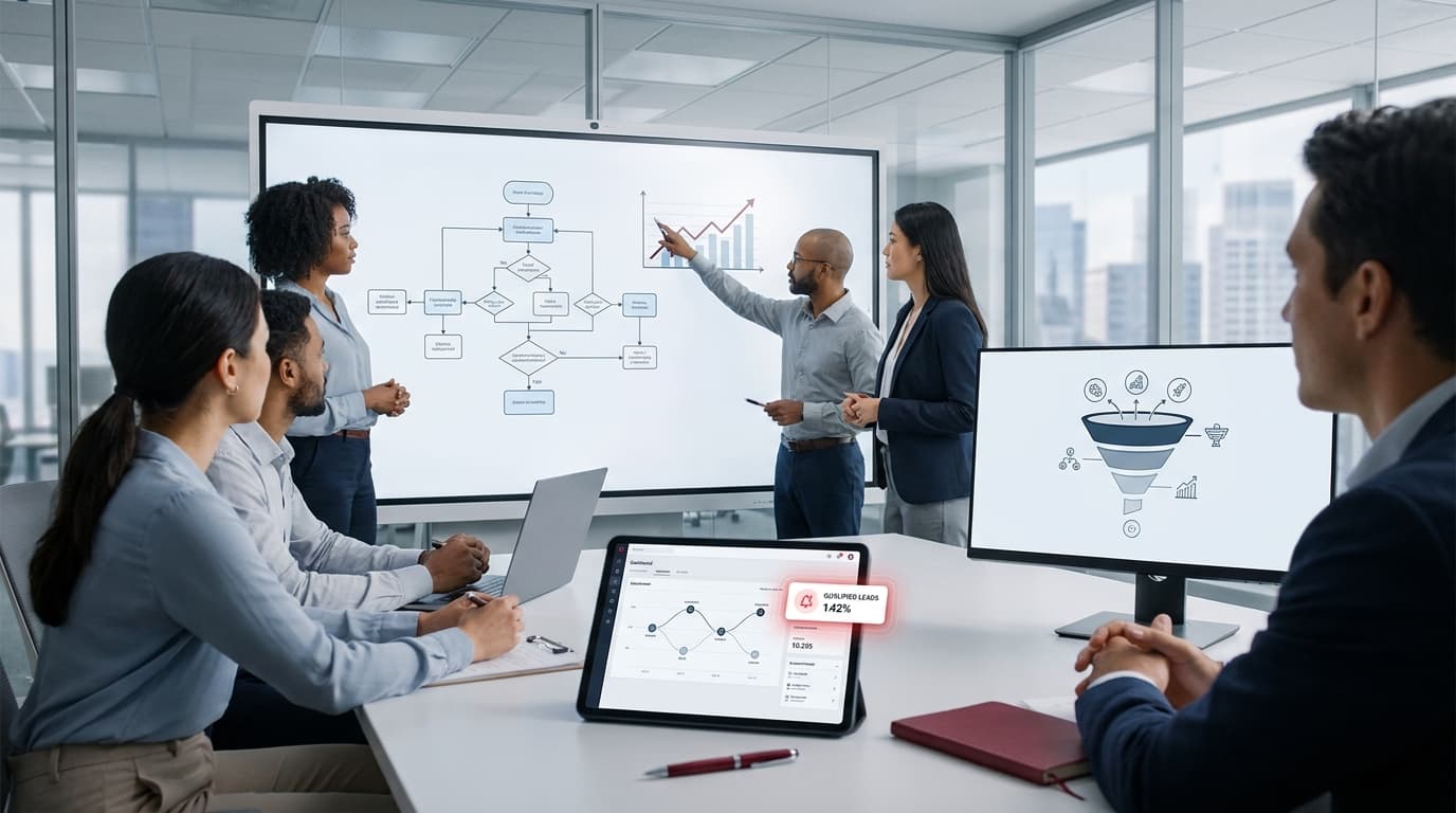 A business professional analyzing a growth chart on a tablet showing an increase in leads.