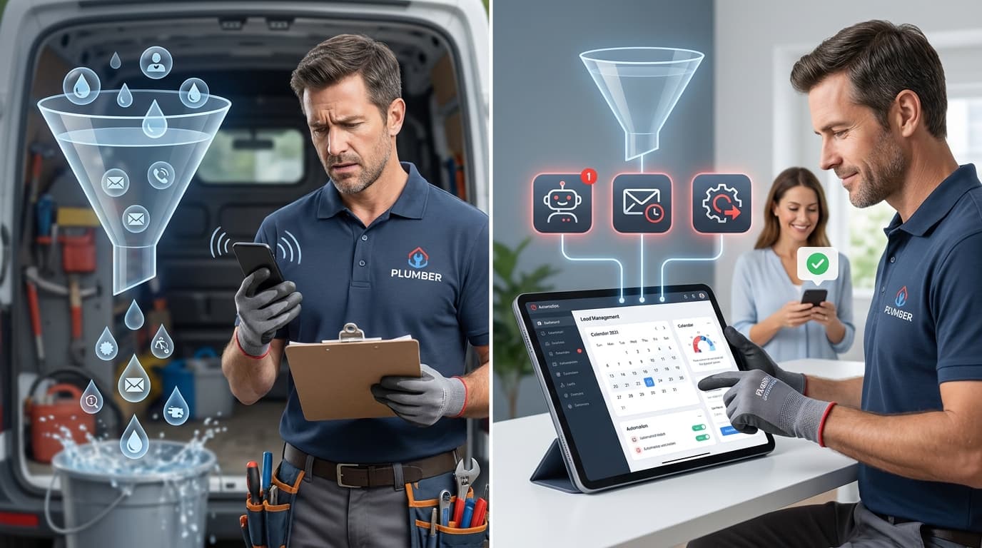 A contractor checking his tablet with icons representing automated lead follow-up and scheduling.