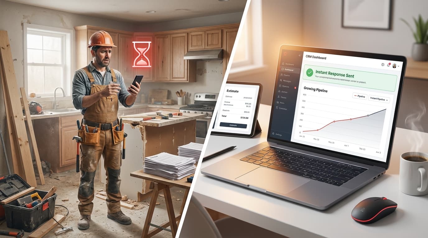 A contractor reviewing a lead follow-up sequence on a tablet with a modern kitchen in the background.