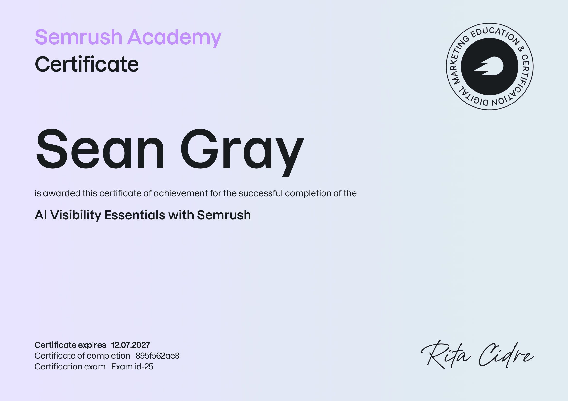 Semrush Academy AI Visibility Essentials certificate awarded to Sean Gray of Gray Tech Solutions in Ajax, ON