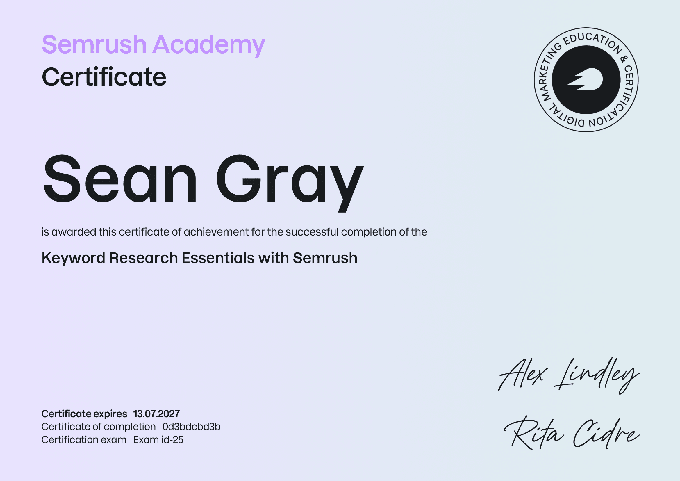 Semrush Academy Keyword Research Essentials certificate awarded to Sean Gray of Gray Tech Solutions in Ajax, ON