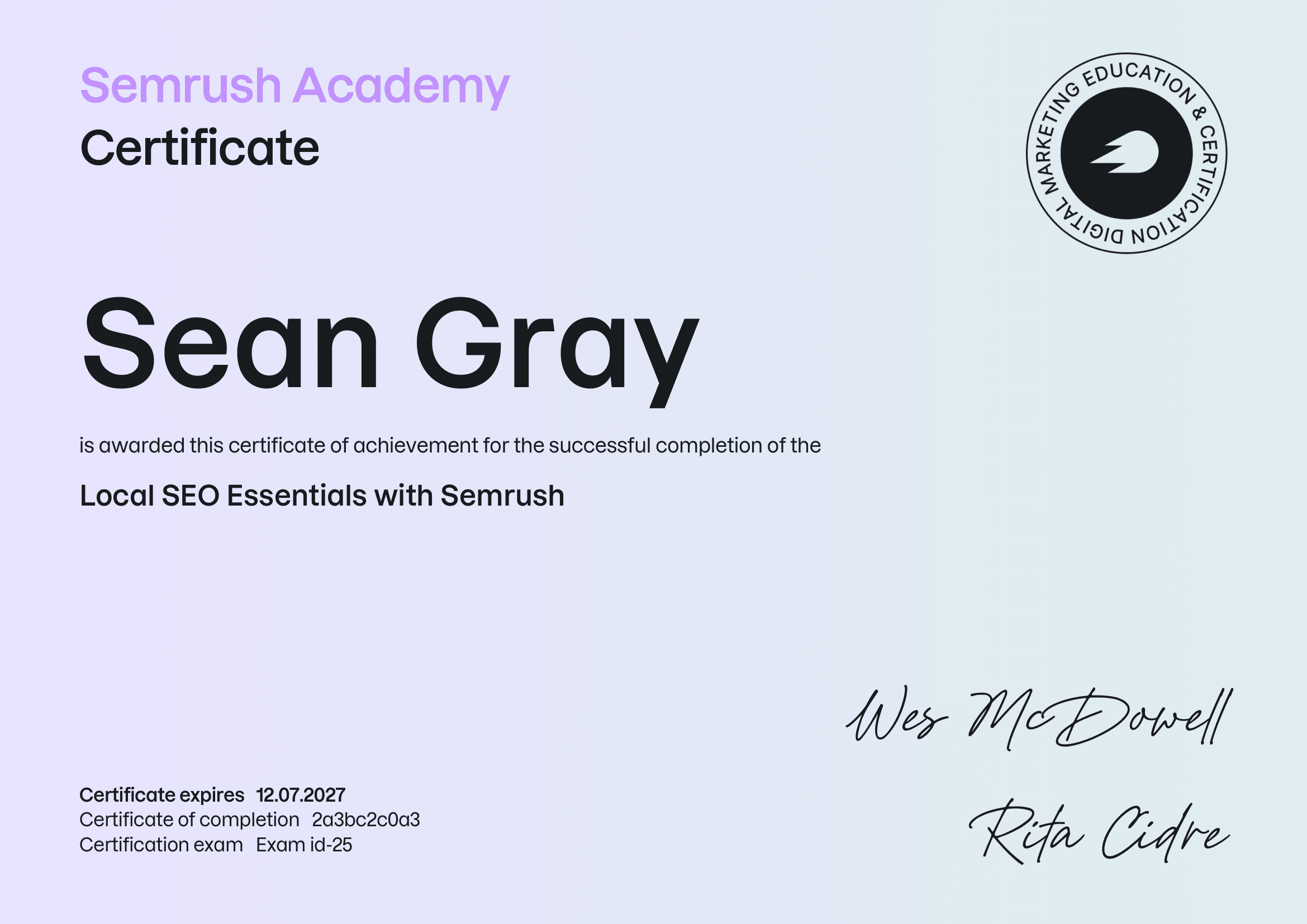 Semrush Academy Local SEO Essentials certificate awarded to Sean Gray of Gray Tech Solutions in Ajax, ON