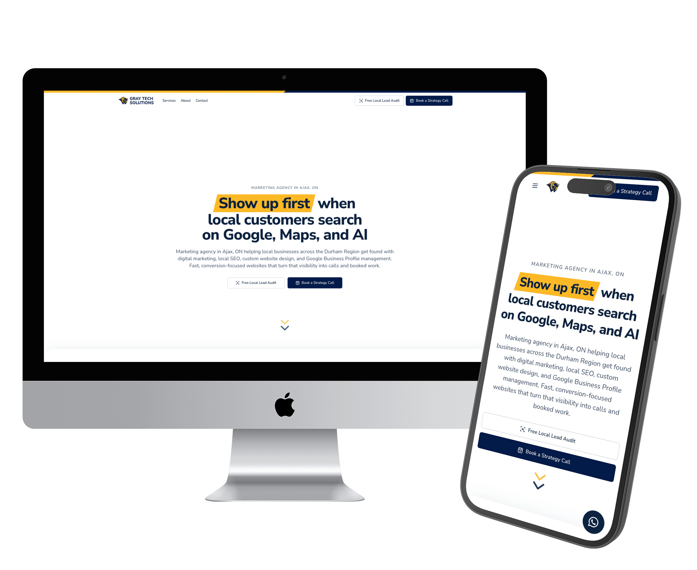 Desktop and mobile mockup of a custom website design for a marketing agency in Ajax Ontario with local SEO and Google Maps messaging