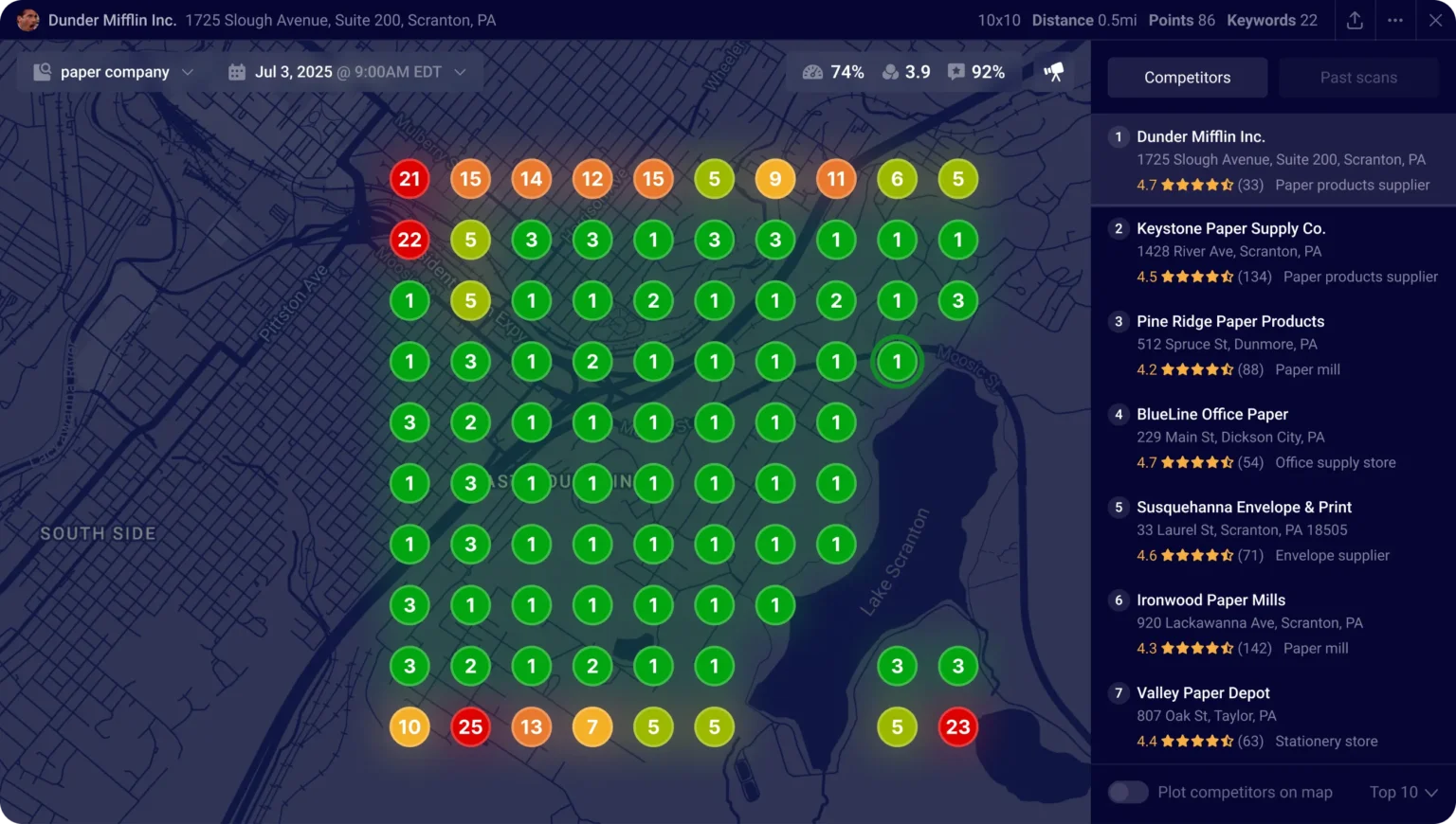 Geo-grid map showing local keyword rankings across a service area