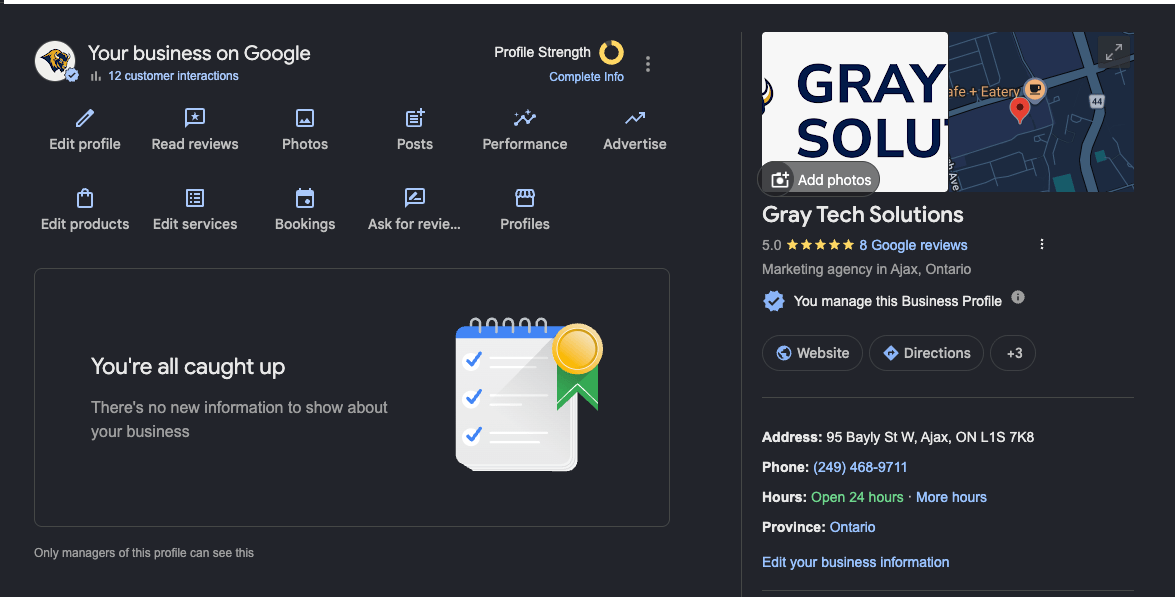 Google Maps listing dashboard for a Google My Business SEO service in Ajax Ontario showing reviews and weekly profile updates